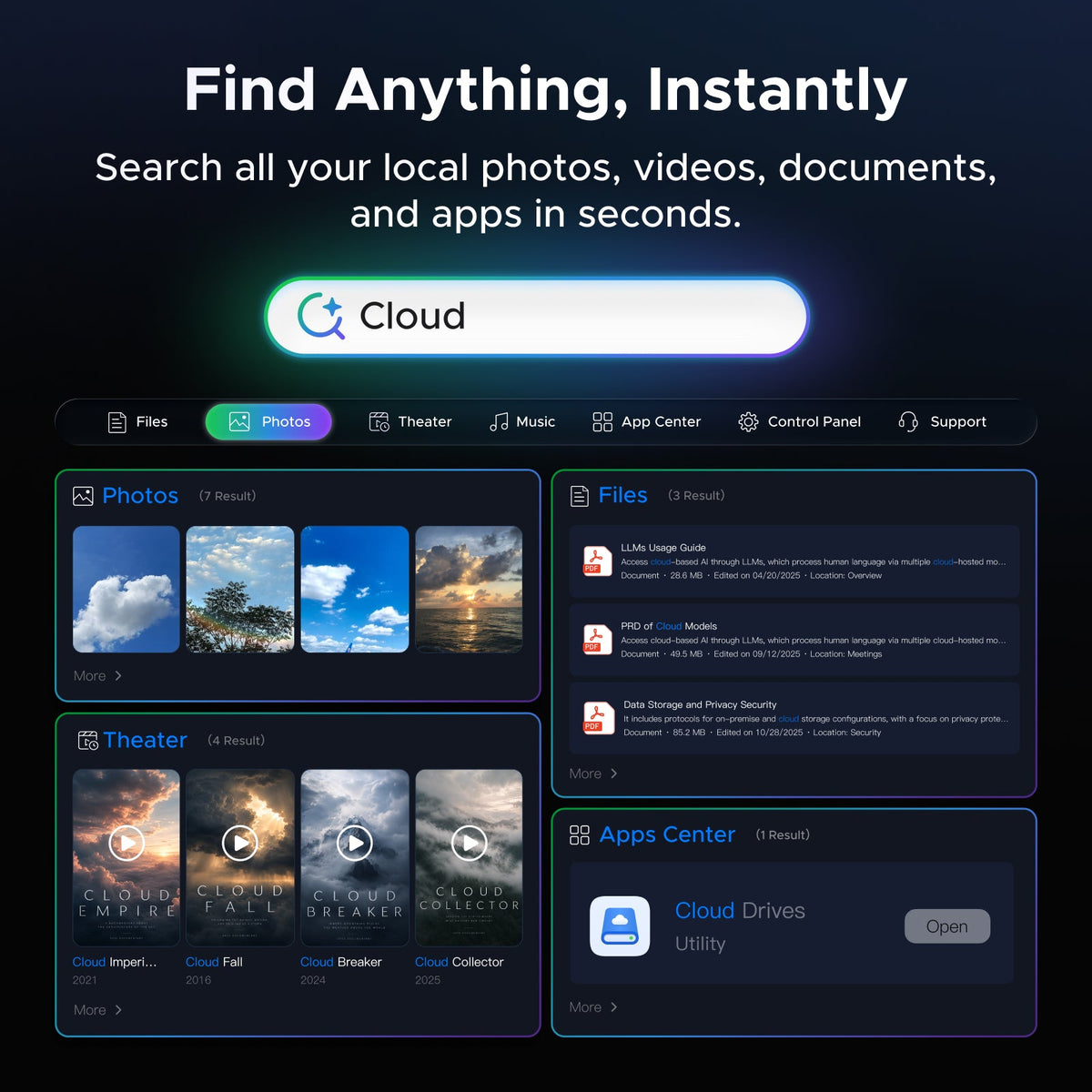 UGREEN iDX6011 global search interface showing local results for photos, files, videos, and apps.