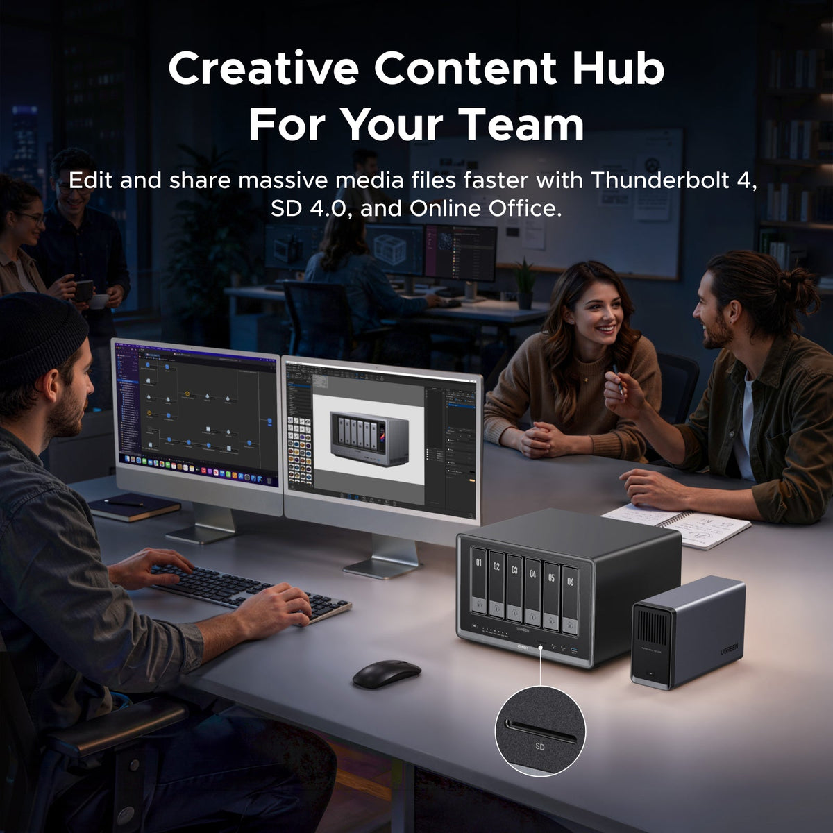 UGREEN iDX6011 NAS in a team creative workflow with Thunderbolt 4, SD 4.0, and Online Office for media editing and file sharing.