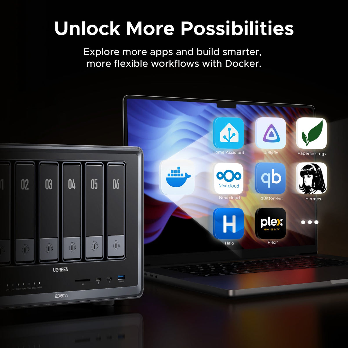 UGREEN iDX6011 NAS with Docker apps including Home Assistant, Jellyfin, Nextcloud, qBittorrent, and Plex, etc.